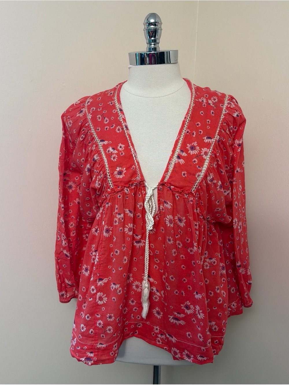 Free People Pink Floral Tie Front Cotton Top L